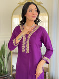 Purple Embroidered Kurti Set with Floral Chinnon Dupatta