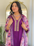 Purple Embroidered Kurti Set with Floral Chinnon Dupatta