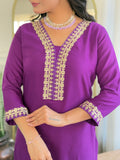 Purple Embroidered Kurti Set with Floral Chinnon Dupatta