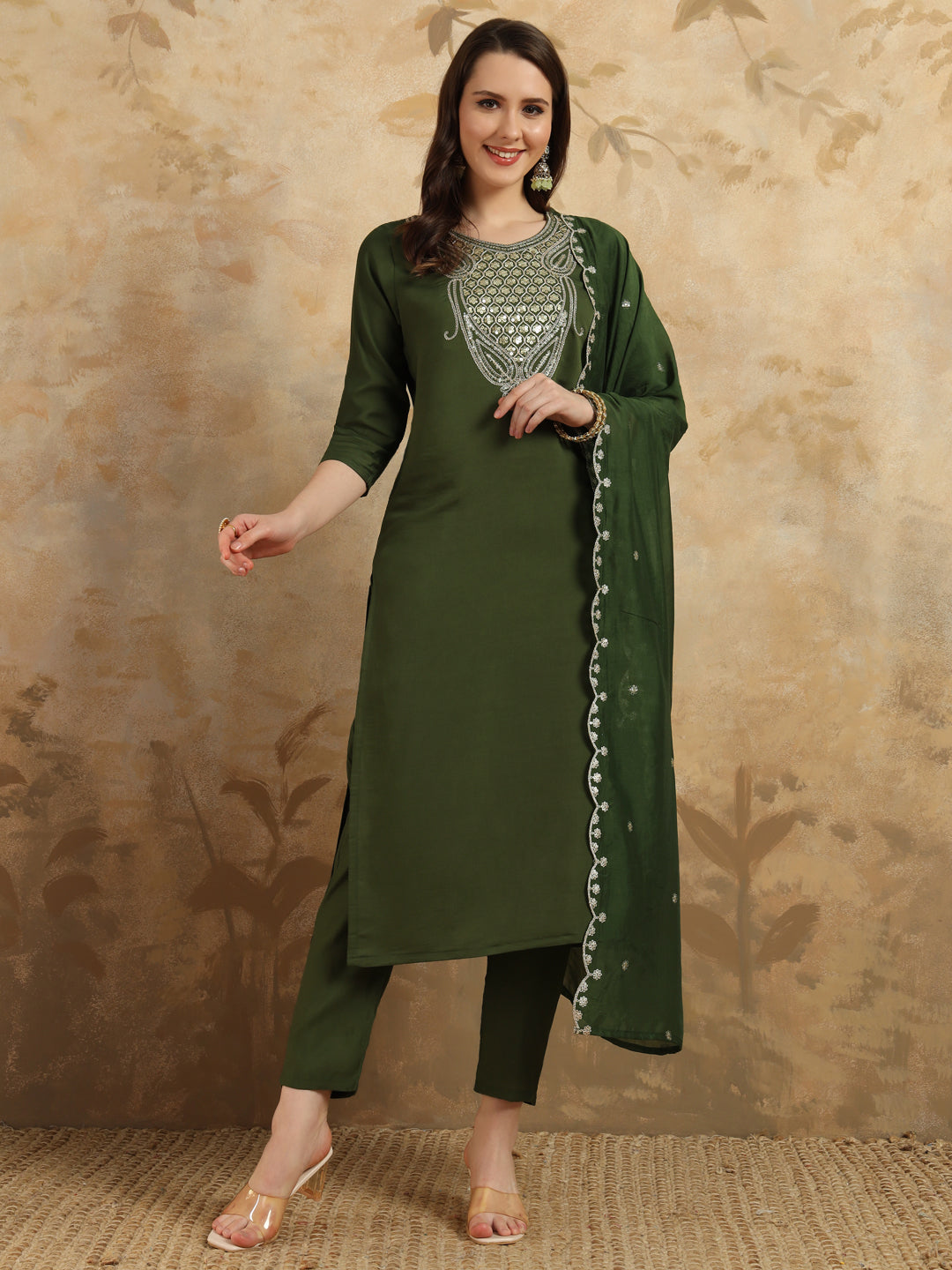 Mahendi Green Chanderi Simar Kurti Set