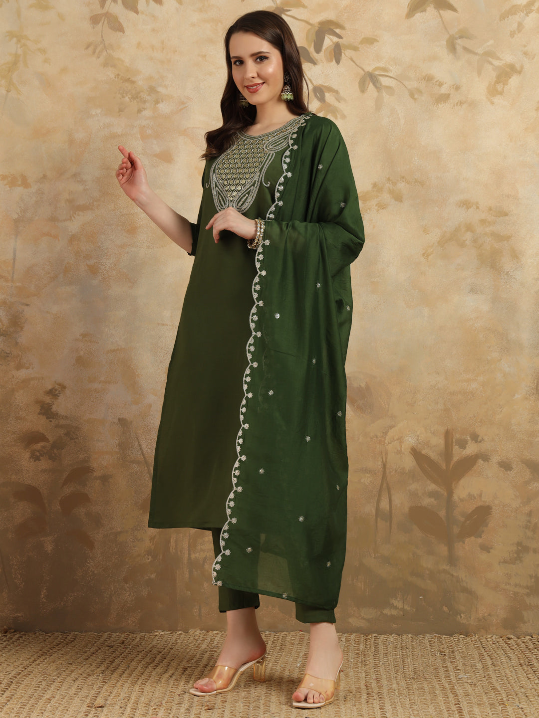 Mahendi Green Chanderi Simar Kurti Set