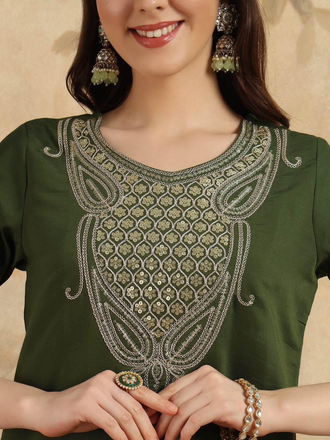 Mahendi Green Chanderi Simar Kurti Set