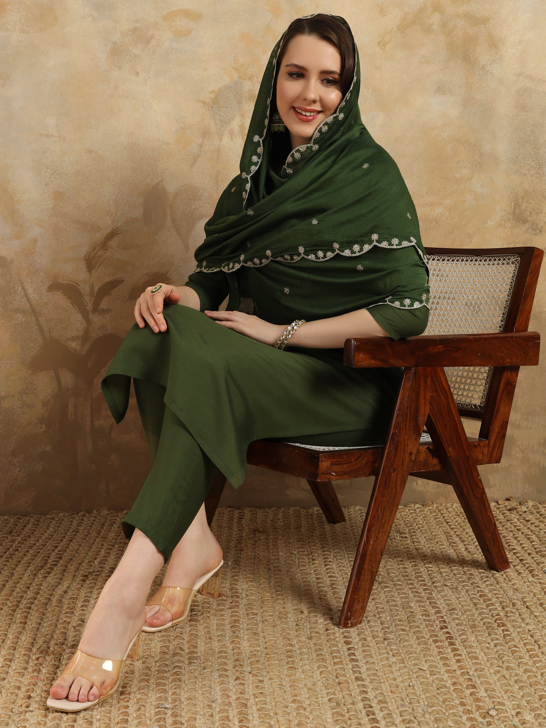 Mahendi Green Chanderi Simar Kurti Set