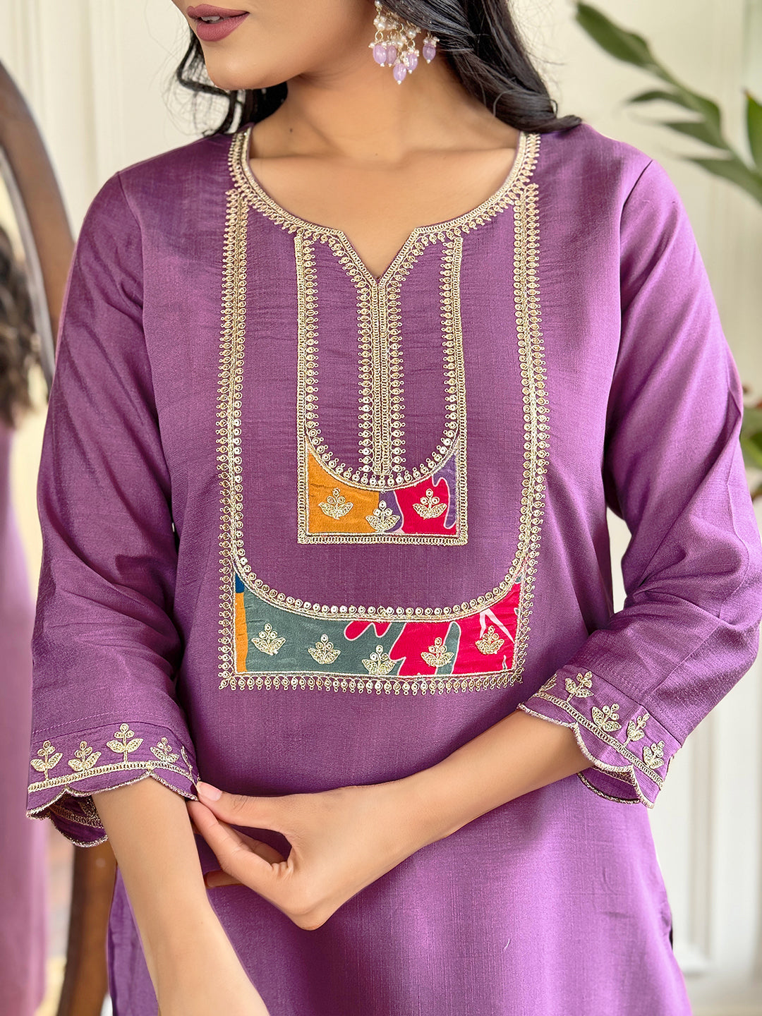 Lavender Embroidered Kurti Set with French Crepe Dupatta