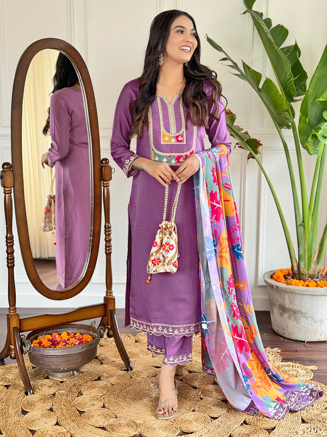 Lavender Embroidered Kurti Set with French Crepe Dupatta