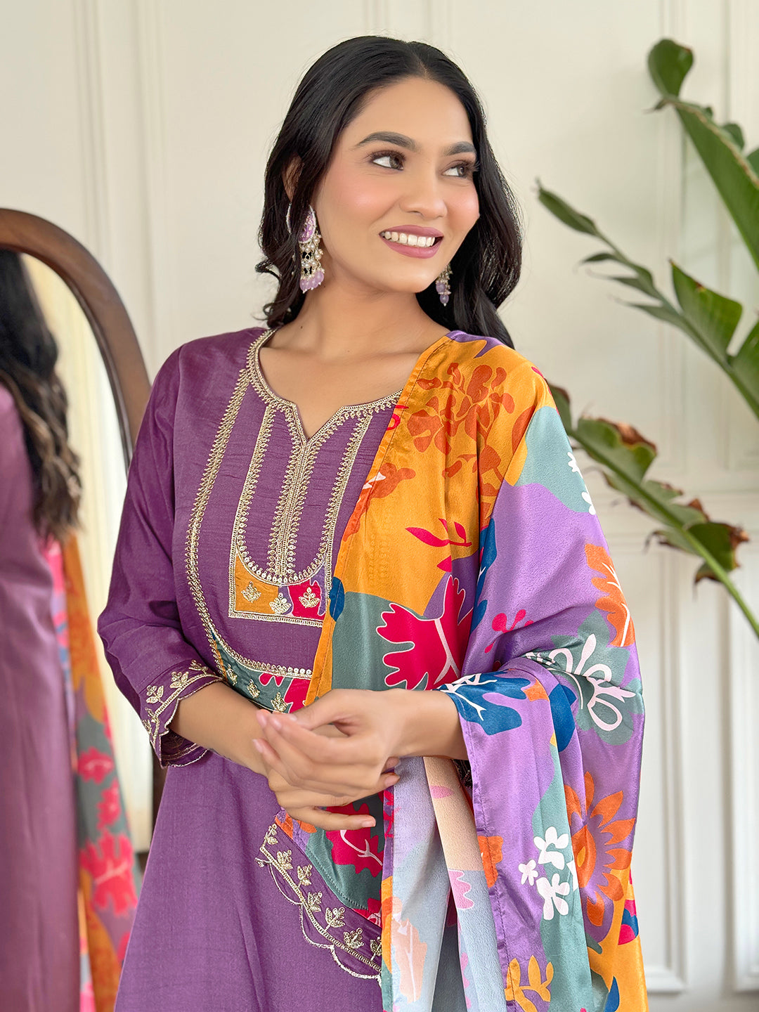 Lavender Embroidered Kurti Set with French Crepe Dupatta