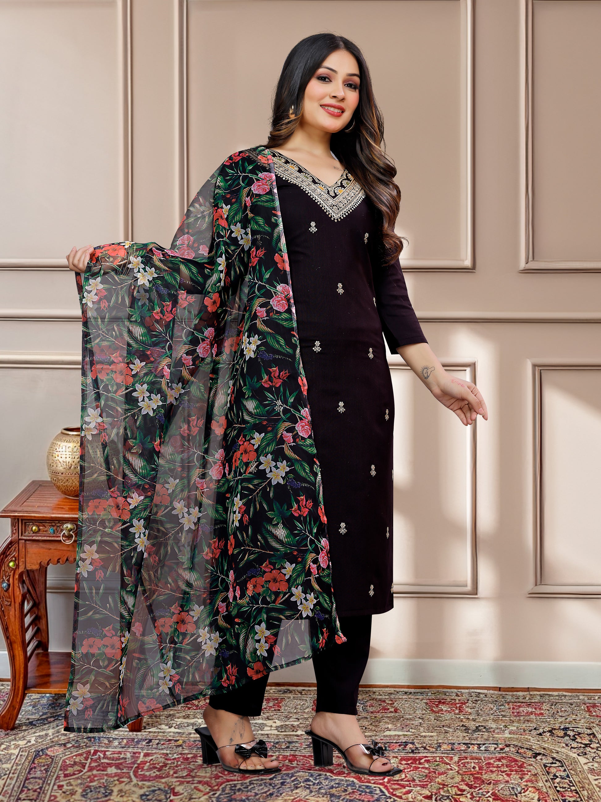 Black Embroidered Kurti Set with Floral Tebby Dupatta