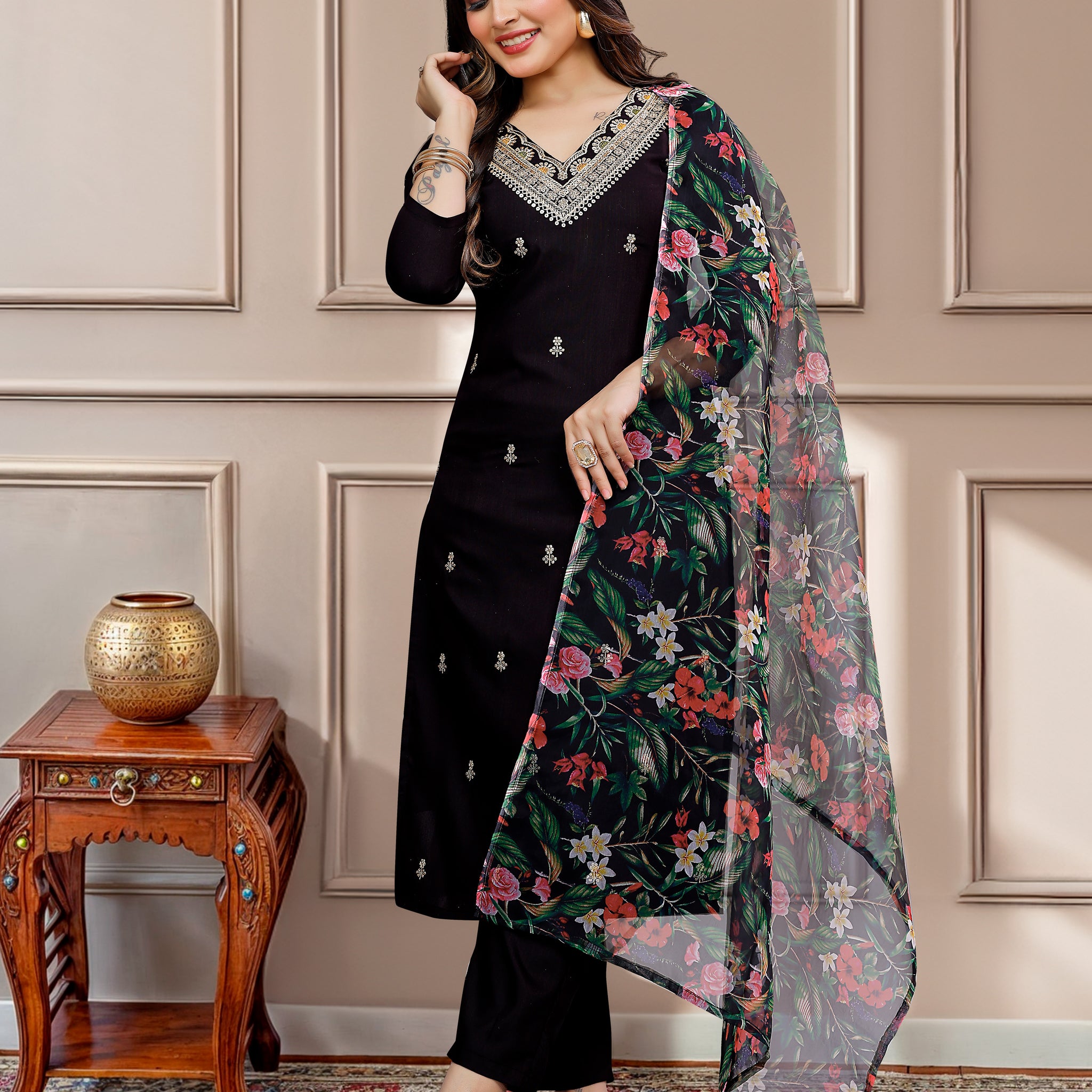 Black Embroidered Kurti Set with Floral Tebby Dupatta