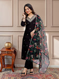 Black Embroidered Kurti Set with Floral Tebby Dupatta