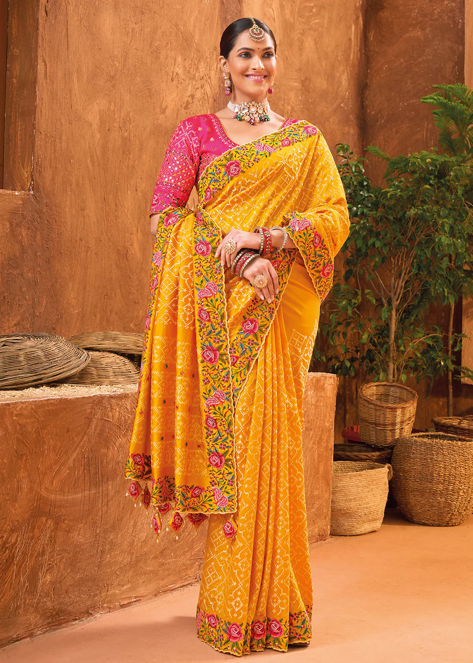 Bridal Wedding Mustard Kacchi Work Banarasi Silk Saree