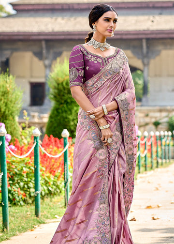 Elegant Gadwal Silk Saree In Oriental Pink With Embroidery and Handwork