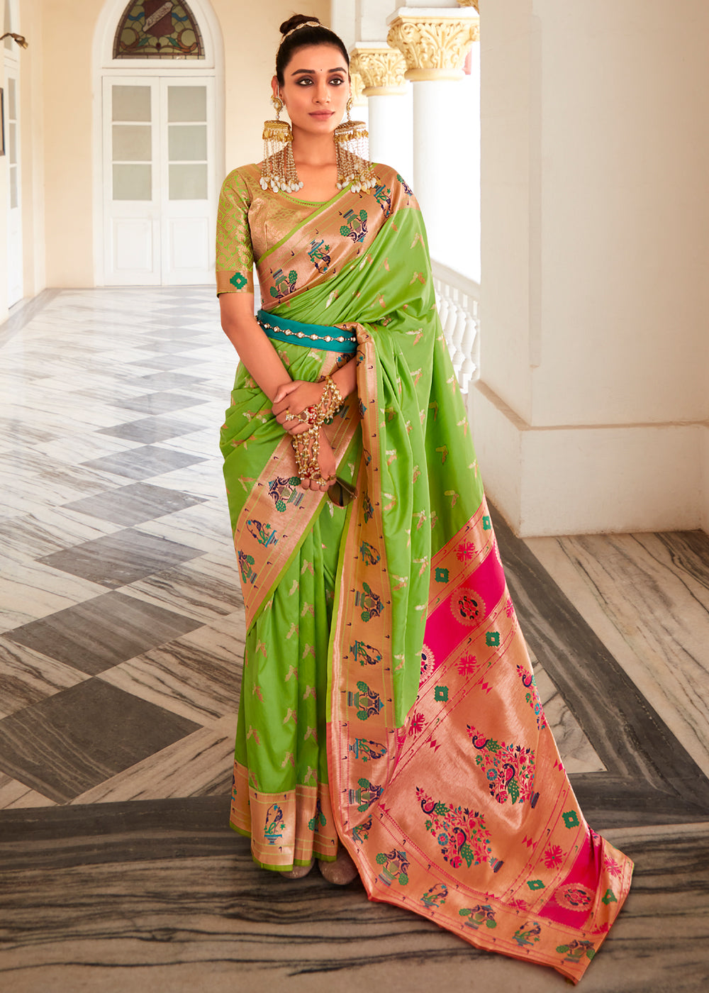 Parrot Green Zari Woven Traditional Paithani Silk Saree