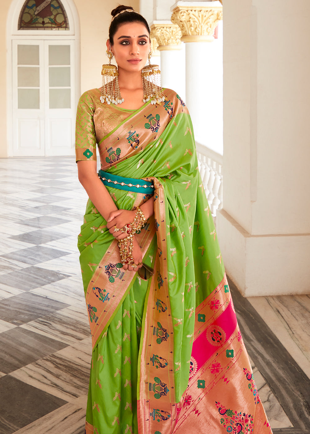 Parrot Green Zari Woven Traditional Paithani Silk Saree