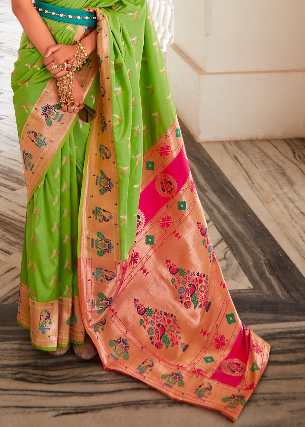 Parrot Green Zari Woven Traditional Paithani Silk Saree