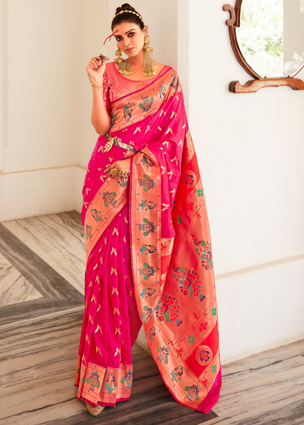 Pink Copper Zari Woven Traditional Paithani Silk Saree