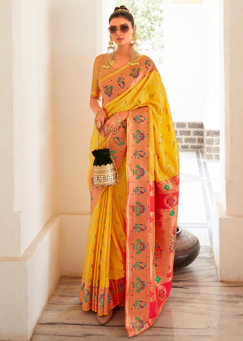 Mustard Yellow Zari Woven Traditional Paithani Silk Saree