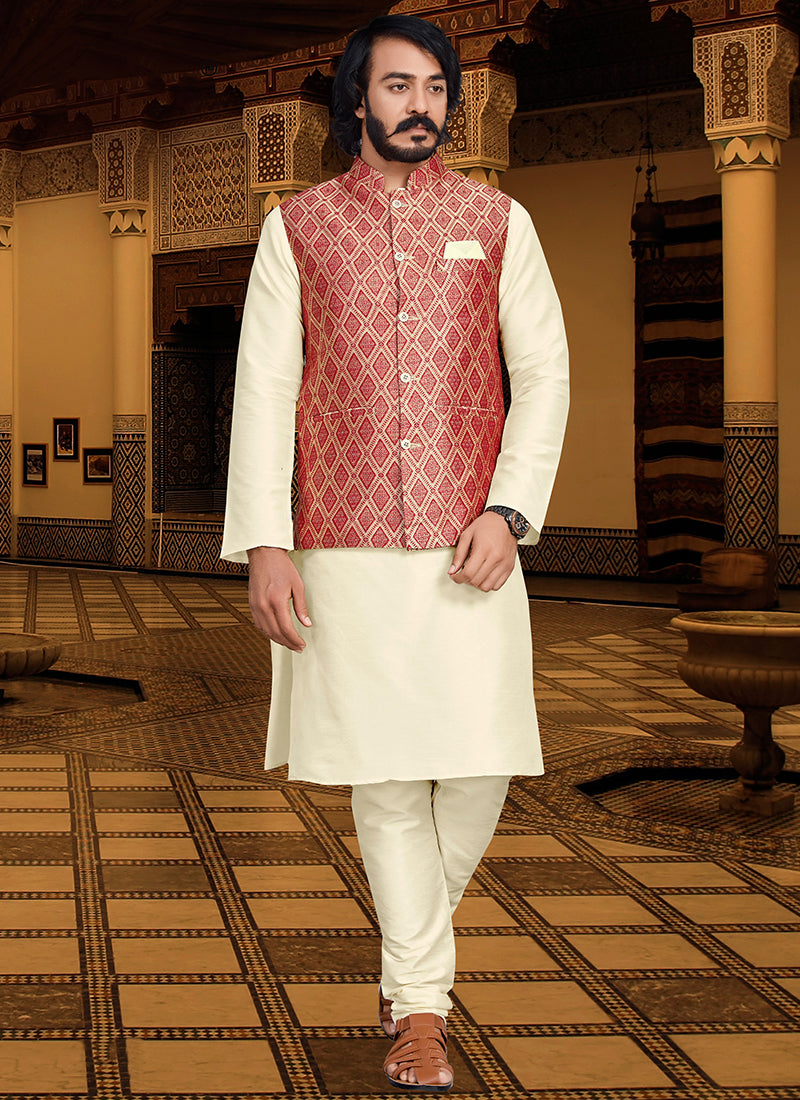 Maroon Colour Outluk 120 Occasion Wear Mens Modi Jacket Kurta Pajama Catalog 12004