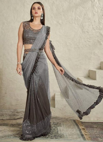 Beautiful Designer Party Wear Grey Imported Sartin Silk Saree