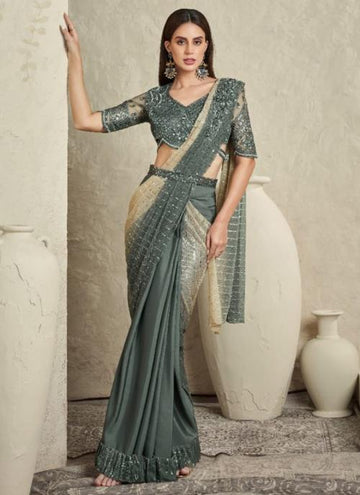 Beautiful Designer Party Wear Grey Imported Sartin Silk Saree