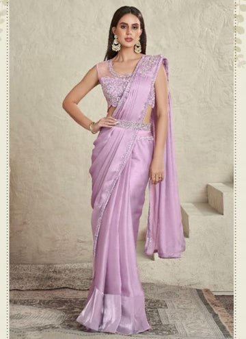 Beautiful Designer Party Wear Lavender Imported Sartin Silk Saree