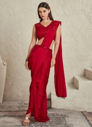 Beautiful Designer Party Wear Red Imported Sartin Silk Saree