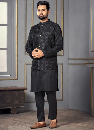 Party Wear Sequins Work Banglori Silk Black Kurta Pajama