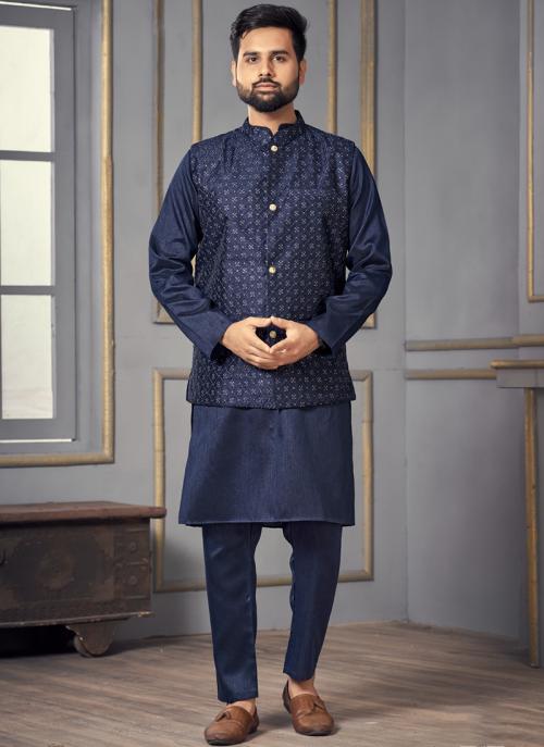 Party Wear Sequins Work Banglori Silk Navy Blue Kurta Pajama with Koti