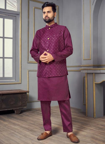 Party Wear Sequins Work Banglori Silk Purple Kurta Pajama With Koti Jacket