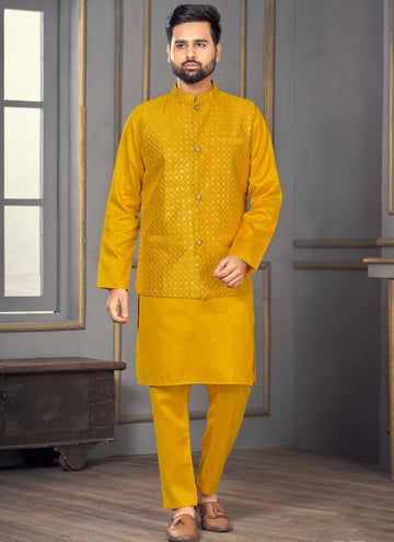 Party Wear Sequins Work Banglori Silk Yellow Kurta Pajama With Koti Jacket