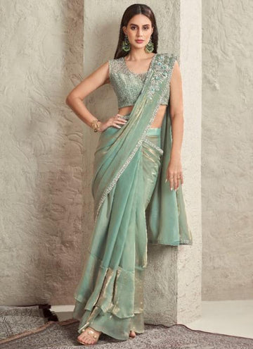 Beautiful Designer Party Wear Sky Imported Sartin Silk Saree