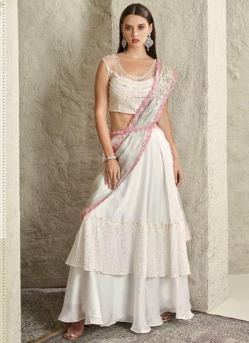 Beautiful Designer Party Wear White Imported Sartin Silk Saree