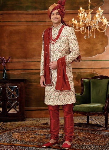 Red and Off White Colour Designer Exclusive Wedding Wear Sherwani Suit D.No.1034 Anant Tex Exports Private Limited