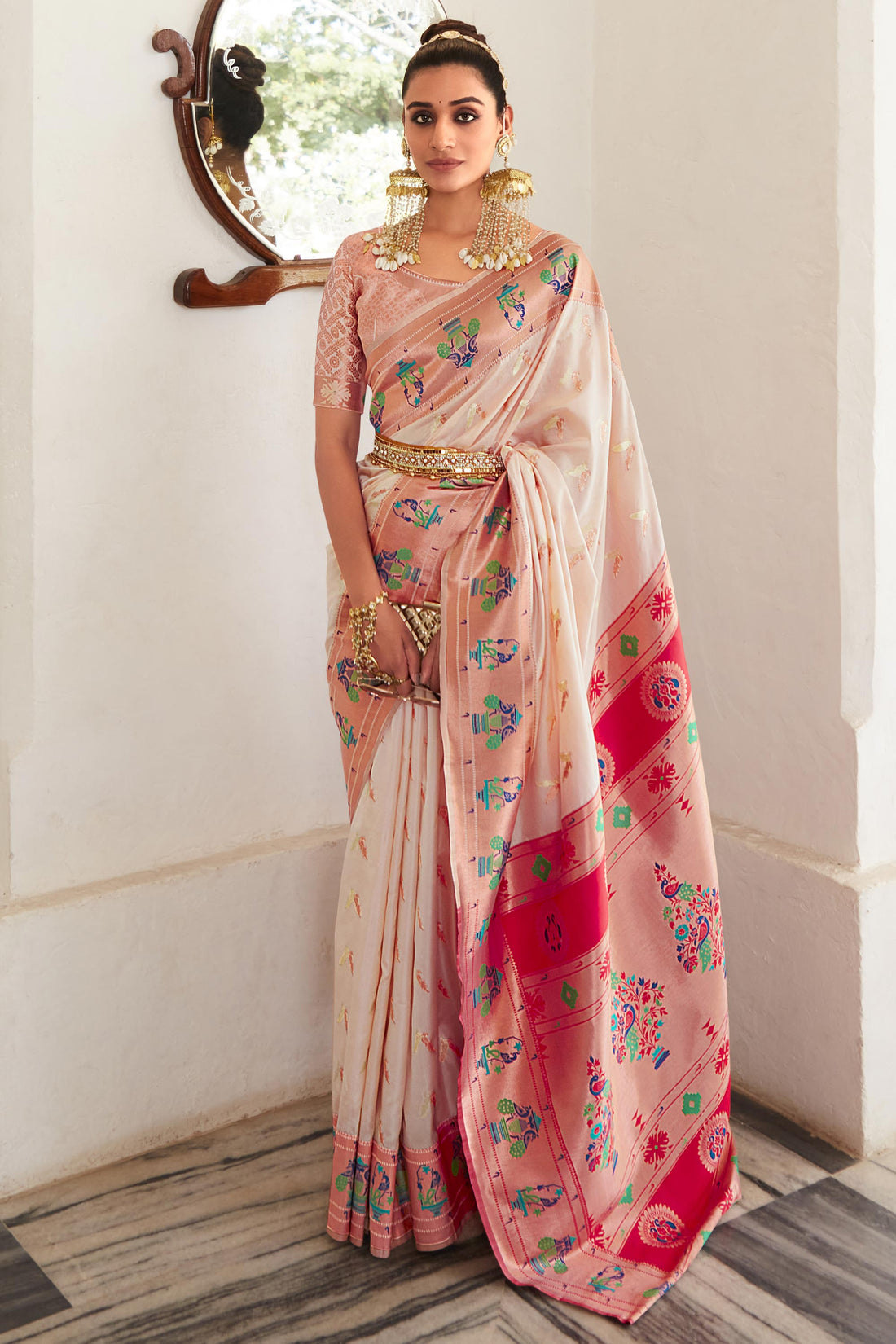 Alluring Beige Zari Woven Traditional Paithani Silk Saree