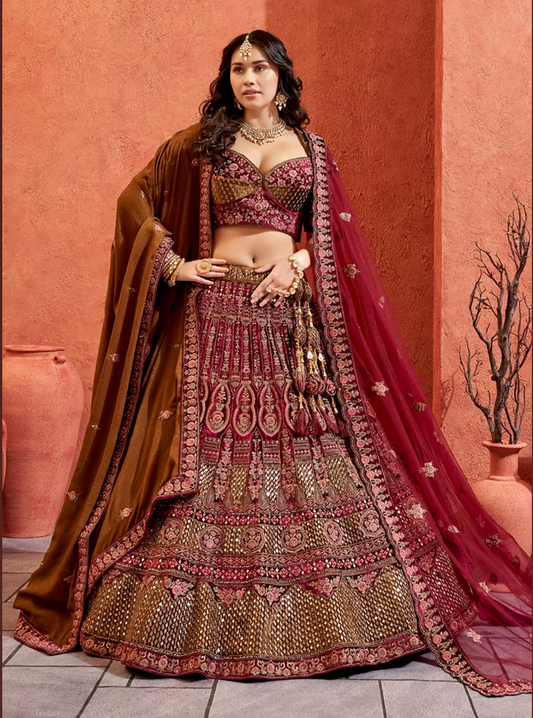 Beautiful Designer Bridal Wine Velvet Hand Work Lehenga Choli