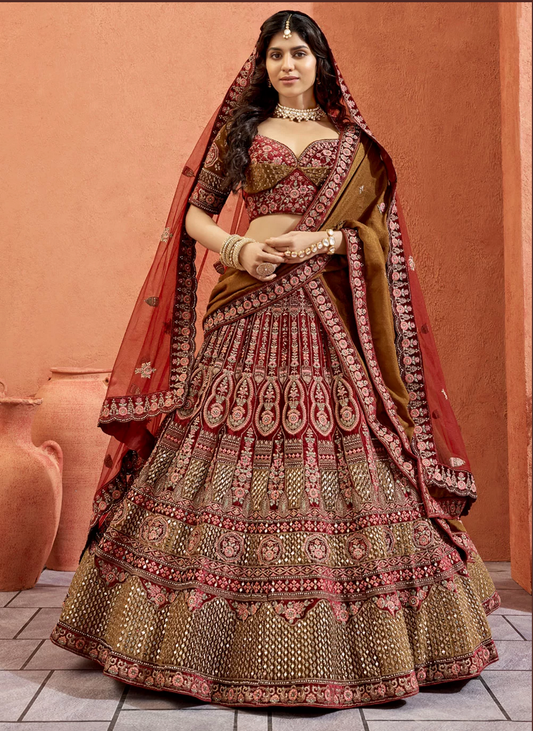 Bridal lehenga maroon velvet hotsell