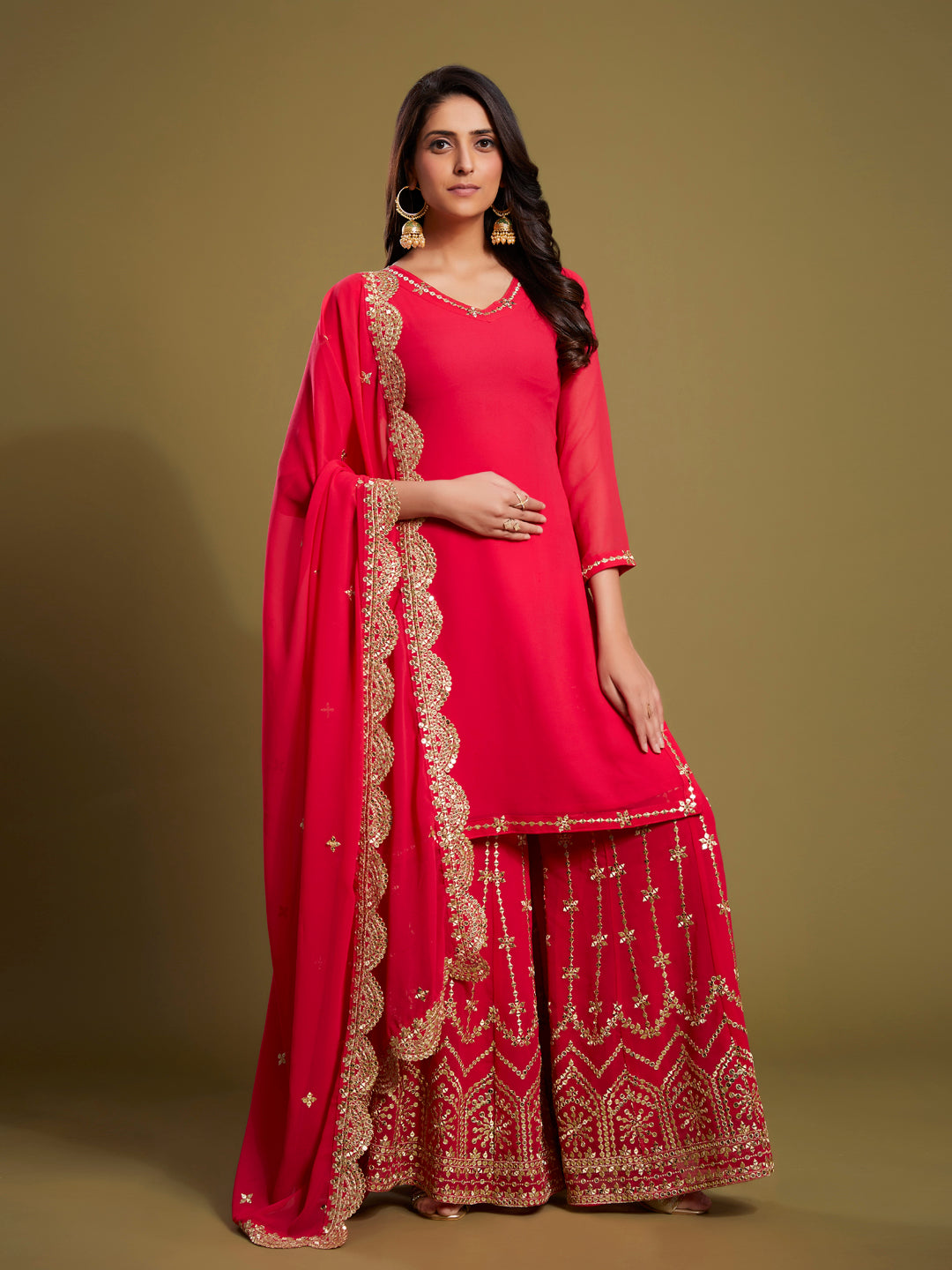 Georgette Palazzo Style Suit in Pink with Sequins and Zari, perfect for festive occasions