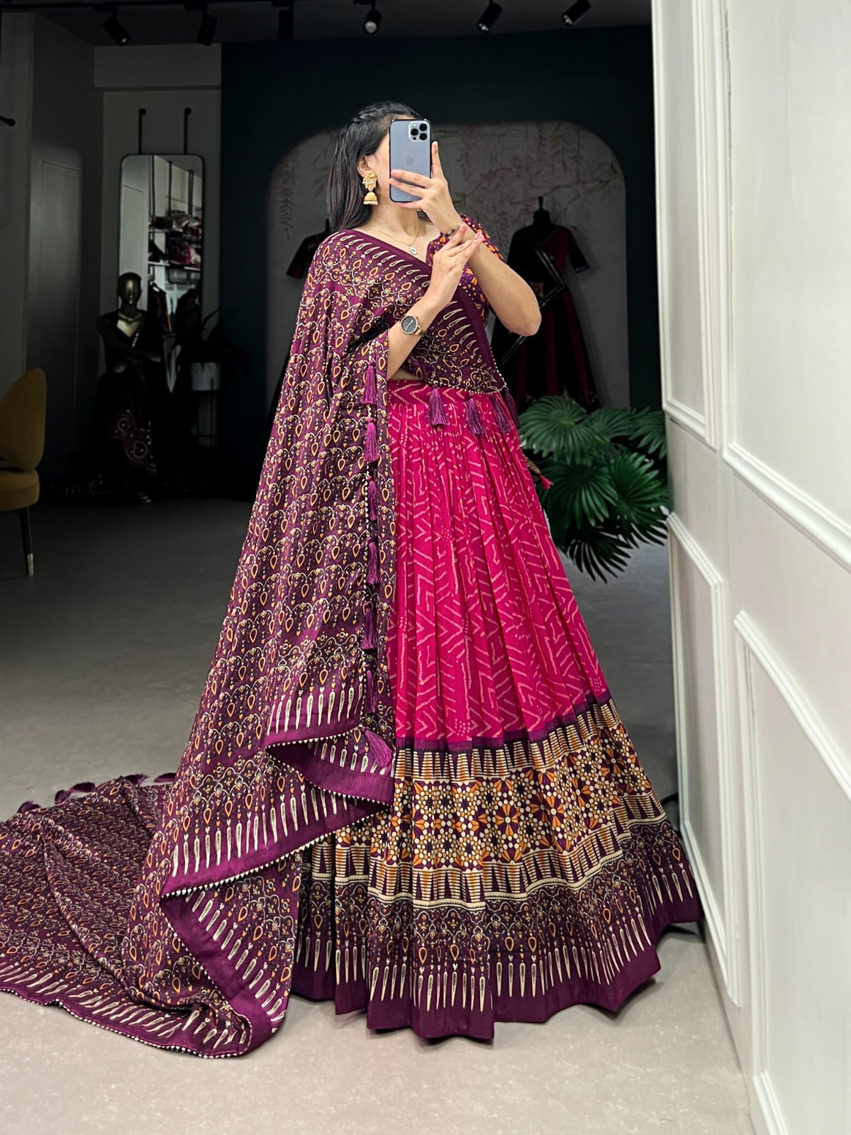 Tussar Silk Bandhej & Ajarakh Print Lehenga Choli