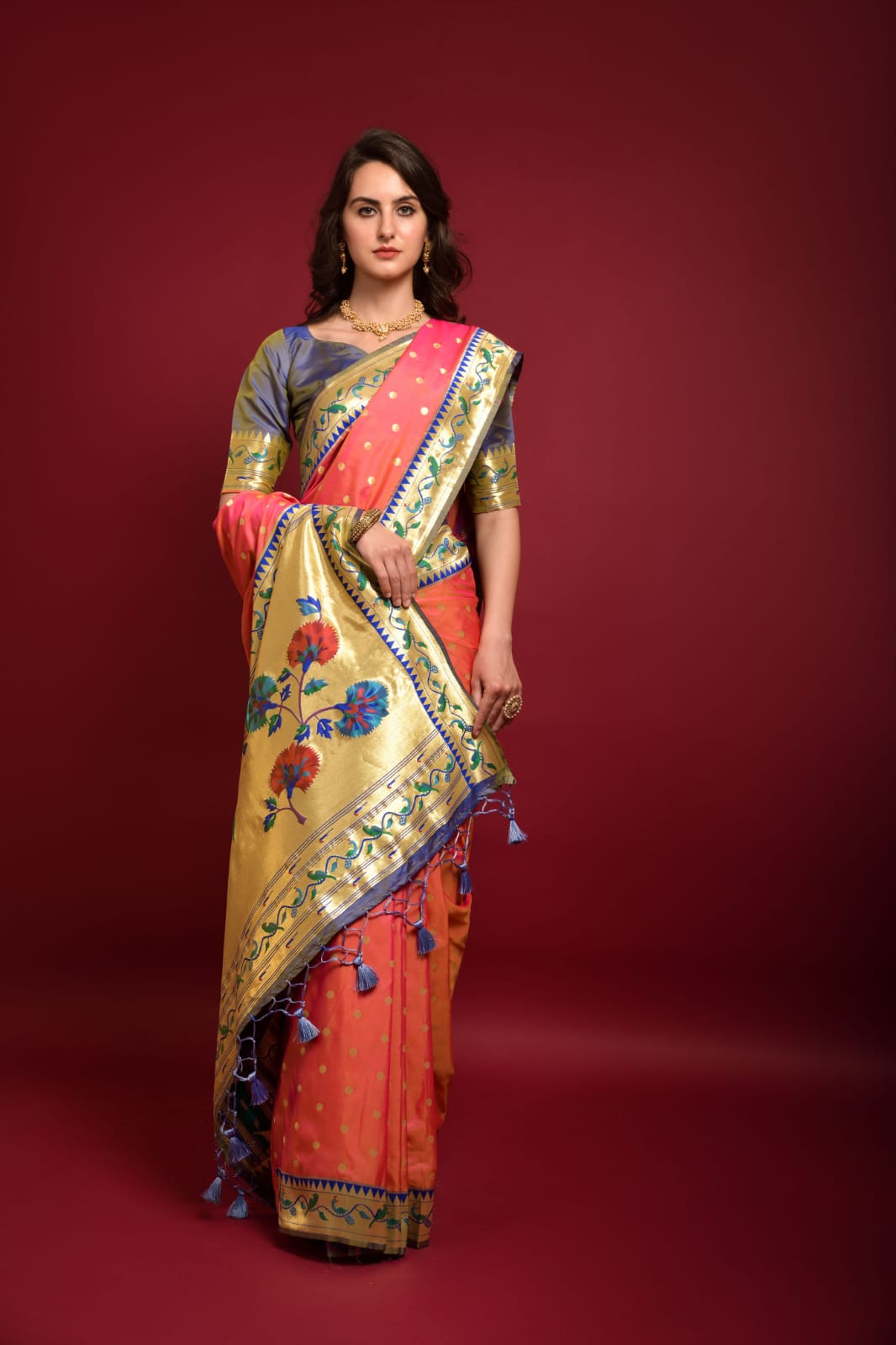 Buy Kshatriya Cloth stores Women's Satin Silk 9 Yards Paithani Maharashtrian  Style Saree (Rani with Green Border and Pallu) at Amazon.in