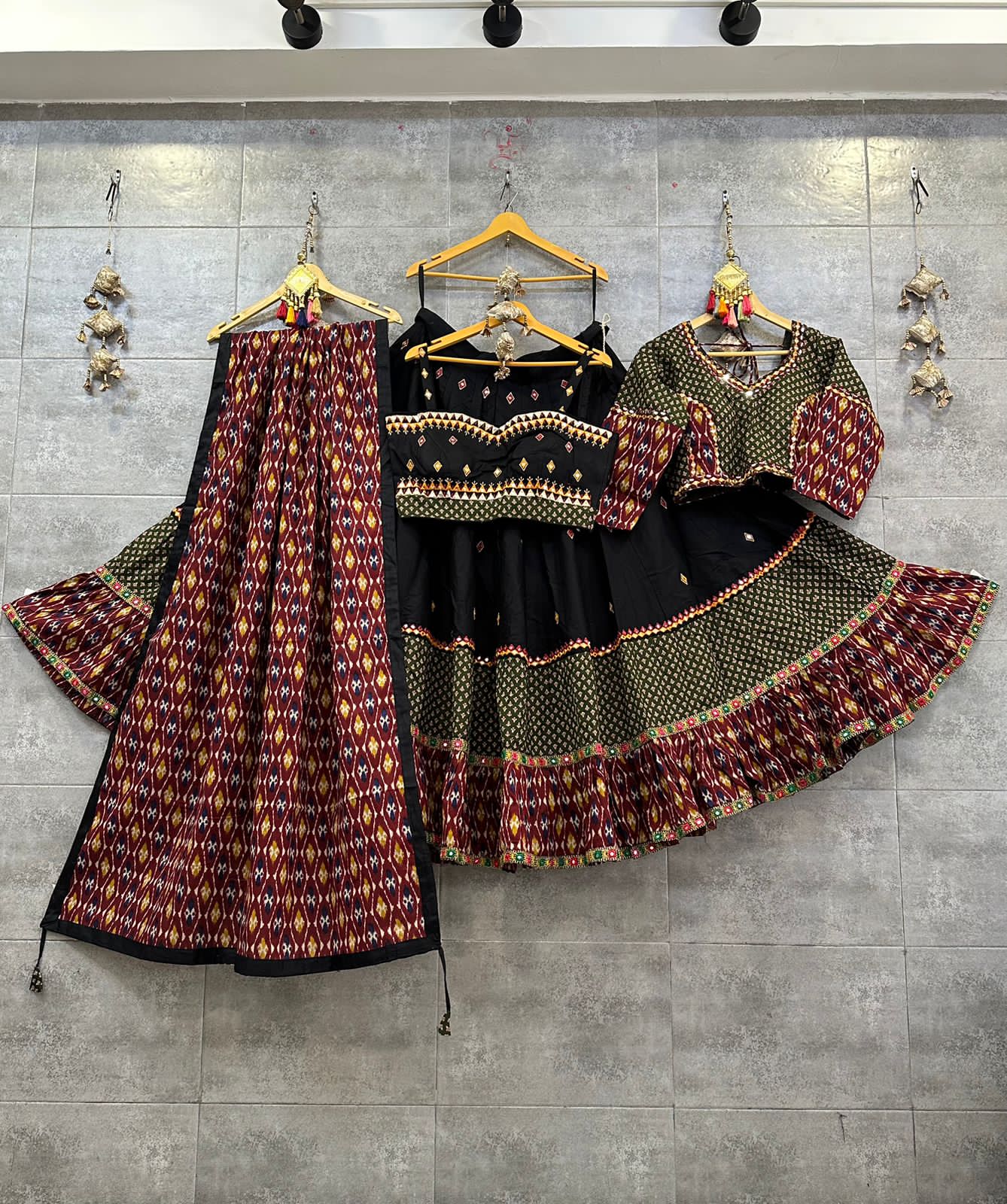 Multicolor cotton printed and mirror work gujarati garba navratri lehe –  Marvy-Me