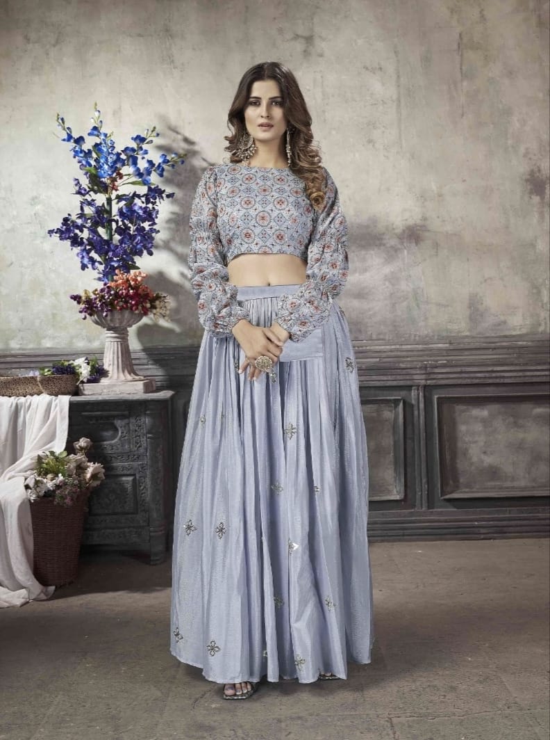 Powder Blue Georgette Tiered Lehenga Set Design by Mansi Gajjar at Pernia's  Pop Up Shop 2024