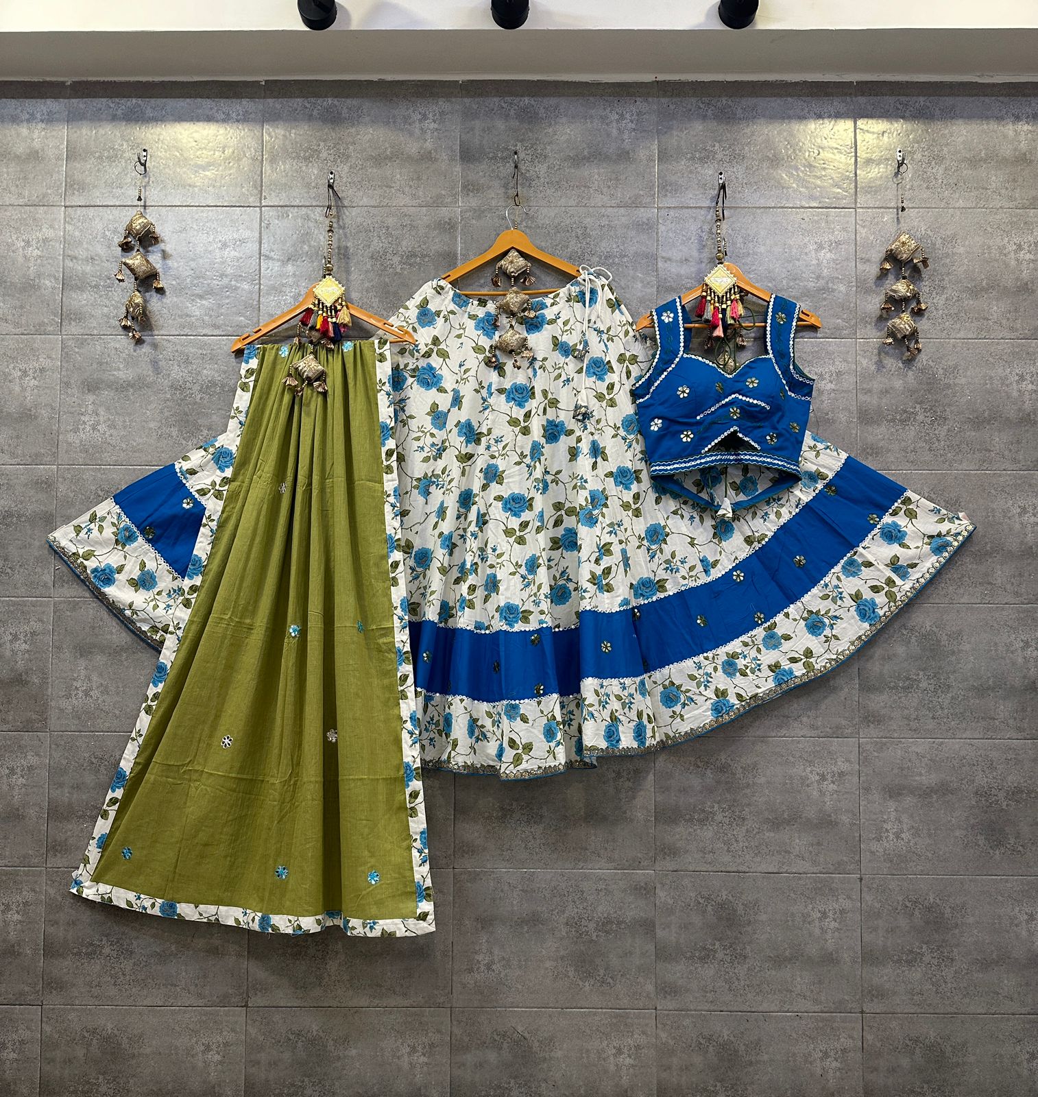 White & Blue Floral Camric Cotton Chaniya Choli & Olive Green Dupatta