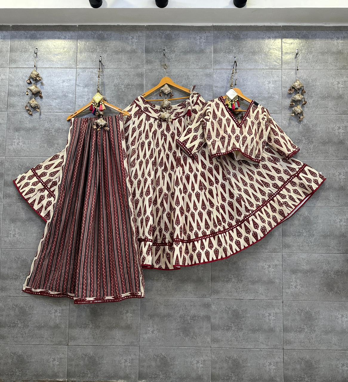 Ivory & Maroon Geometric Print Cotton Chaniya Choli with Mirror Lace for Navratri