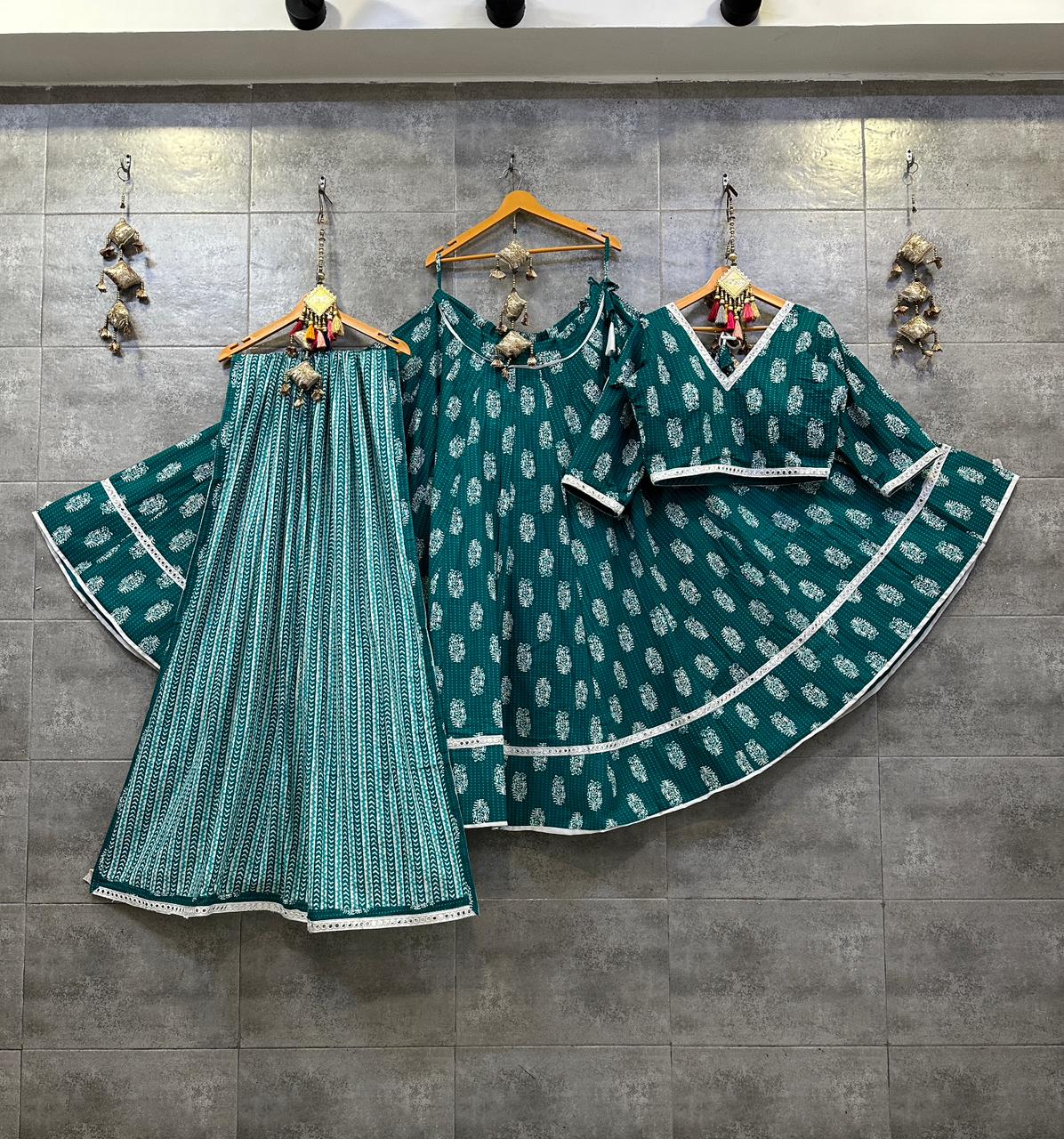 Teal & White Block Print Cotton Chaniya Choli with Mirror Lace for Navratri