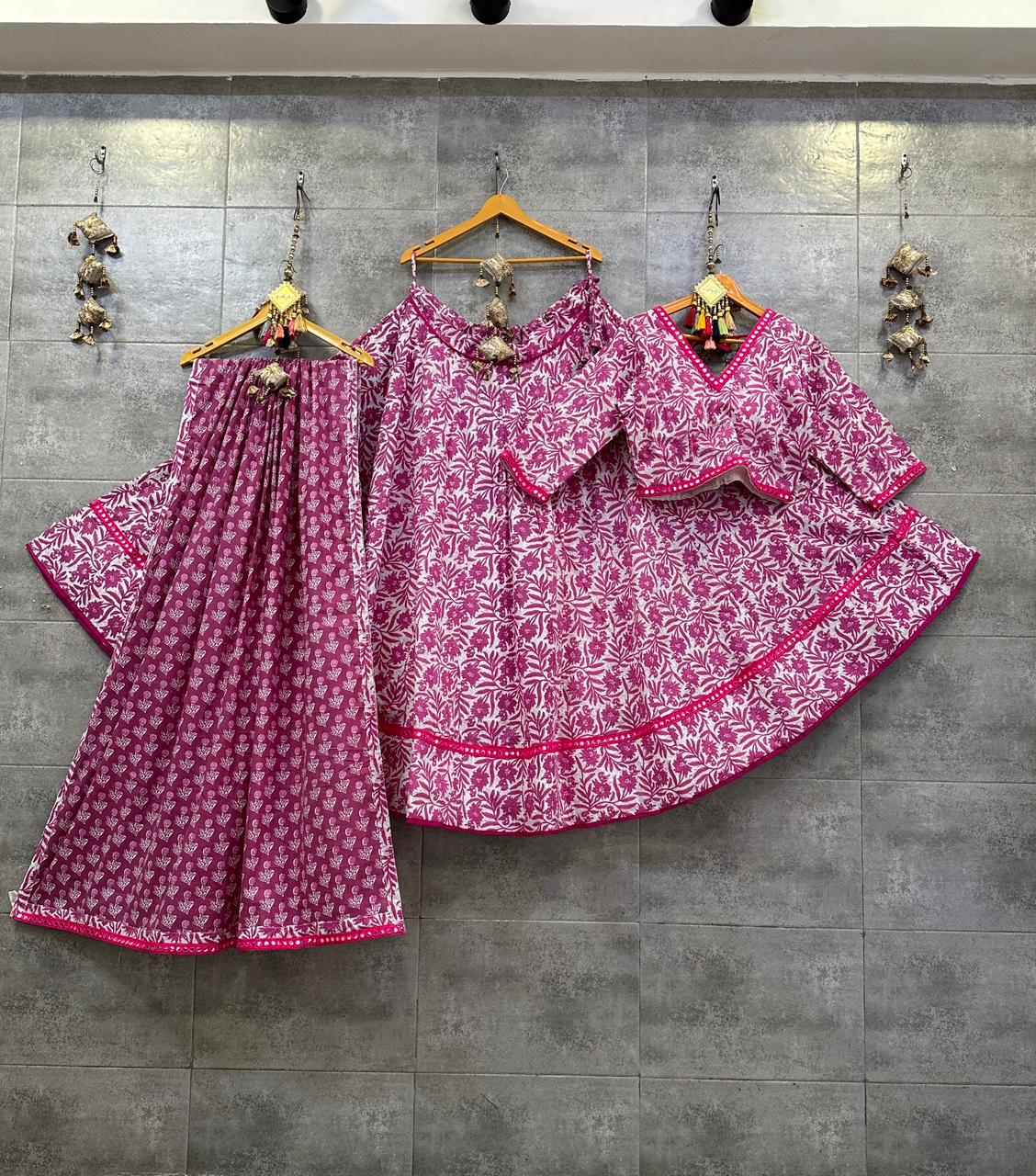 Pink Floral Block Print Cotton Chaniya Choli with Mirror Lace for Navratri