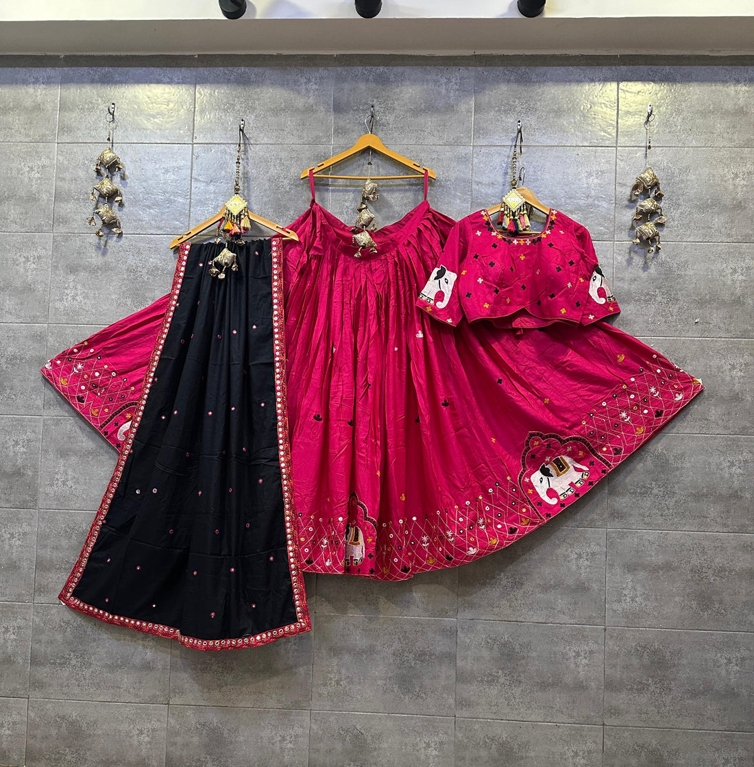 Bold Pink and Black Gamthi Work Chaniya Choli for Navratri