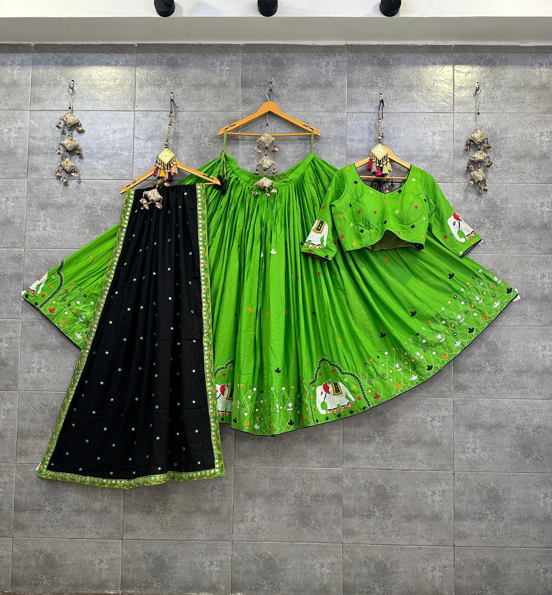 Bright Green and Black Gamthi Work Chaniya Choli