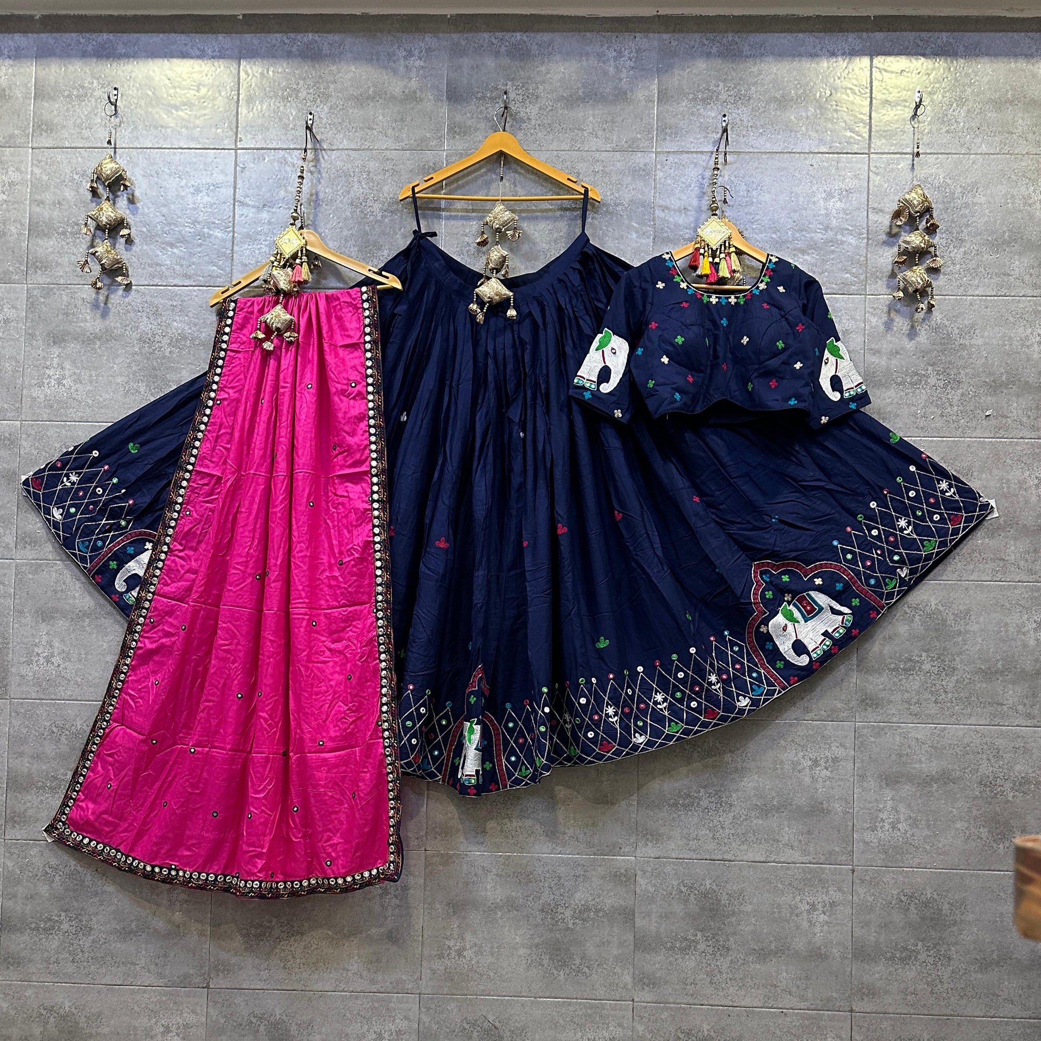 Navy and Pink Gamthi Work Chaniya Choli with 7 Meter Flare