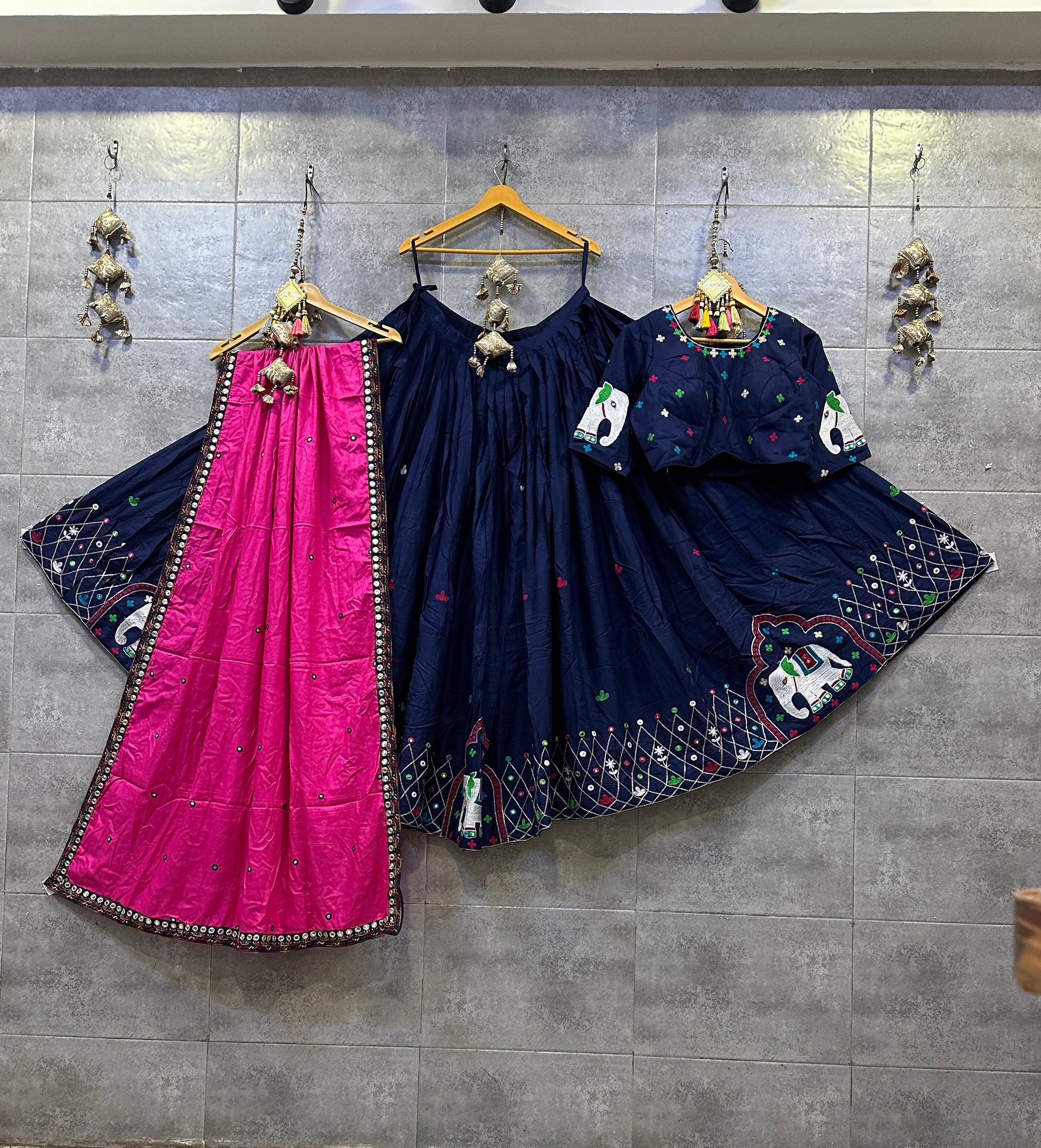 Navy and Pink Gamthi Work Chaniya Choli with 7 Meter Flare