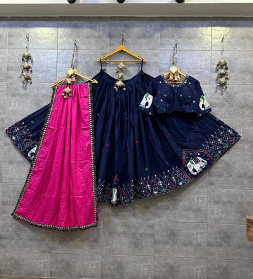 Navy and Pink Gamthi Work Chaniya Choli with 7 Meter Flare