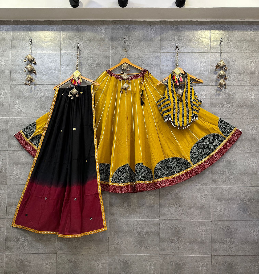 Mustard Khadi Cotton Chaniya Choli with Black Maroon Shaded Dupatta